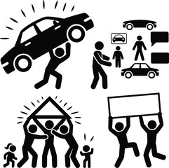 Symbolic pictogram illustration, black white design, human figures with cars, teamwork concept, protest scene, abstract icons, community effort, expressive composition