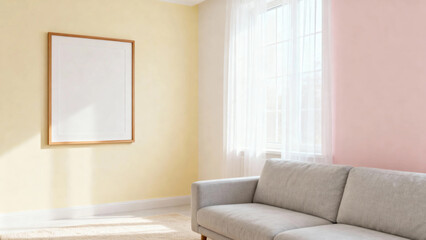 Minimalist living room with light gray sofa, framed blank canvas, and soft natural lighting from a window.