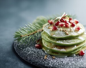 Stack of festive green pancakes topped with white icing, pomegranate seeds, and edible gold, garnished with a pine branch.