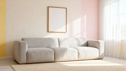 Modern living room with light gray sofa, pastel walls, and natural sunlight