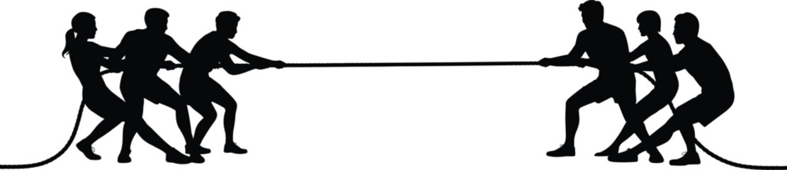 Tug of war silhouette, team competition illustration, black white design, physical effort, group challenge, teamwork concept, dynamic pose, strength activity, unity symbol