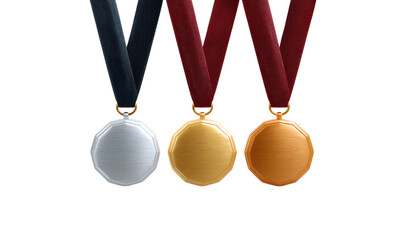 A collection of victory medals in gold, silver, and bronze colors for winning athletes.