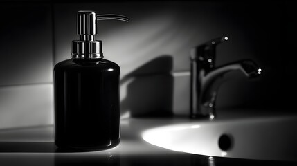 Dramatic black and white  features a pump dispenser bottle beside a bathroom sink faucet.