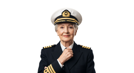 Senior woman in captain uniform isolated on transparent background