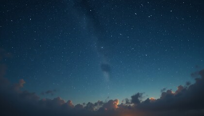 Fototapeta premium Starry night sky with faint milky way and illuminated clouds on horizon above calm landscape