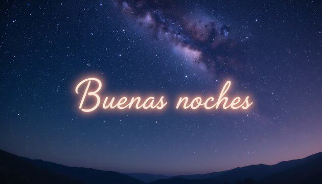 A serene night sky filled with stars and the glowing phrase buenas noches illuminating the