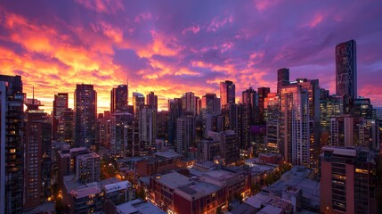 Fototapeta premium Tall buildings define a metropolitan skyline beneath a dramatically colored evening sky