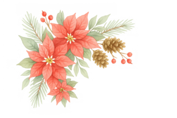 Watercolor christmas corner decoration arrangement featuring poinsettias, pinecones, festive berries, and evergreen leaves