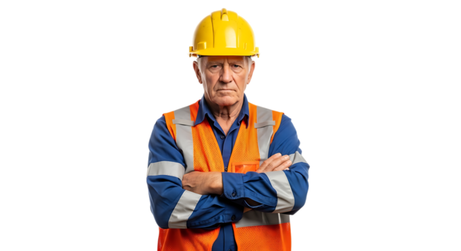 Serious construction worker with hard hat isolated on transparent background - Powered by Adobe