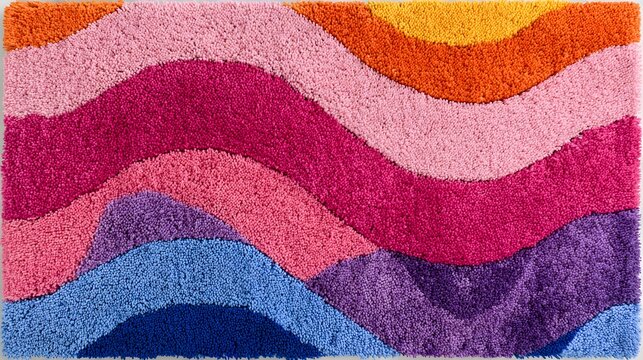 Shaggy textile surface displays multiple undulating bands of bright colors