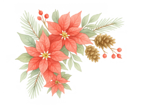 Watercolor christmas corner decoration arrangement featuring poinsettias, pinecones, festive berries, and evergreen leaves