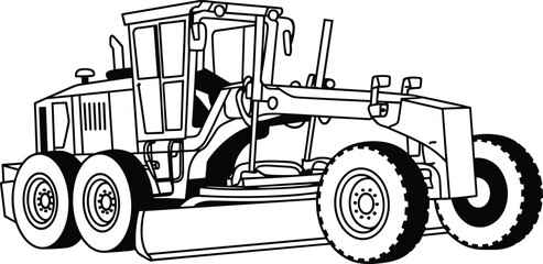 Motor grader, construction equipment, heavy machinery, black and white line drawing, technical illustration, road grading vehicle, engineering sketch, industrial, mechanical parts