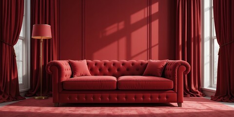 luxurious elegant red velvet sofa set in sophisticated modern living room space with rich textures
