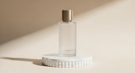 Elegant frosted glass perfume bottle with golden cap on a textured white stand in soft lighting