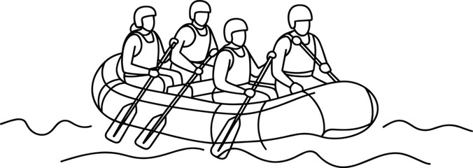 Rafting team illustration, black and white line drawing, water sport sketch, outdoor adventure, teamwork concept, minimalist safety gear scene