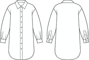 Shirt dress, long sleeve, button front, pointed collar, curved hem, tunic length, fashion flat, CAD drawing, vector illustration, garment sketch