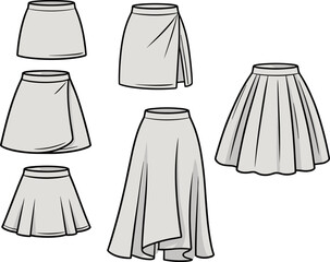 Six skirt fashion sketches, mini, flared, gathered, wrap, asymmetrical styles, silhouette comparison, CAD drawing, garment construction, flat vector illustration