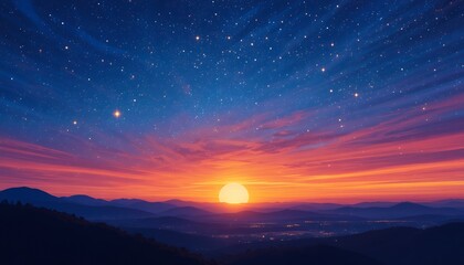 A stunning sunset over layered mountain ranges with a vibrant starry sky above