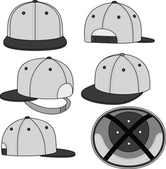 Six baseball cap fashion sketches, front side rear top views, adjustable strap, stitching detail, CAD drawing, flat vector illustration
