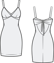 Sleeveless dress, V-neckline, thin straps, tie-back detail, fitted silhouette, above knee length, fashion flat, CAD drawing, vector illustration, garment sketch