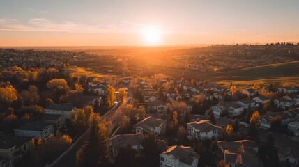 Elevated view captures suburban neighborhood bathed in warm glow of setting sun over rolling terrain