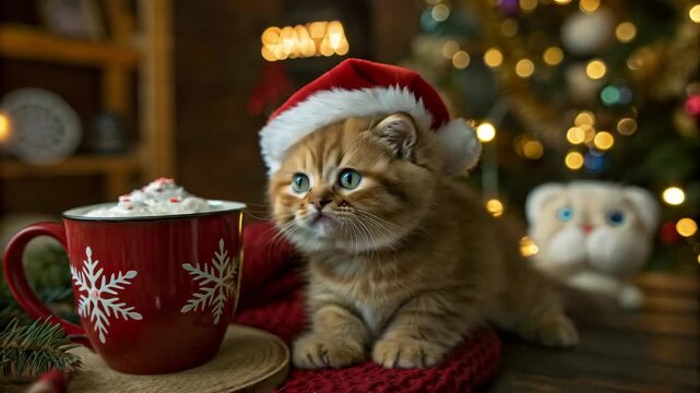 Funny fluffy kitten wearing Santa hat sitting near red mug with whipped cream looking at drink and licking lips cozy festive atmosphere cute holiday pet concept