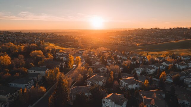 Elevated view captures suburban neighborhood bathed in warm glow of setting sun over rolling terrain