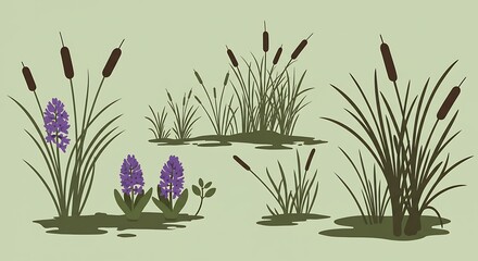 Illustration of various aquatic plants including bulrush, hyacinth, and reeds in a serene setting