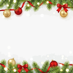UntitledChristmas background design with a clean white snowy theme, elegant and minimal style. Include decorative elements like green pine branches, golden and red ornaments, red ribbons, soft glowing
