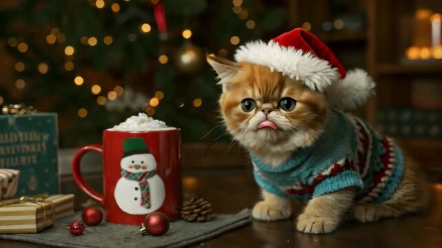 Funny fluffy kitten wearing Santa hat and Christmas sweater sitting near red mug with snowman print and decorated Christmas tree tongue out showing cute and playful expression. Funny pet cat Christmas