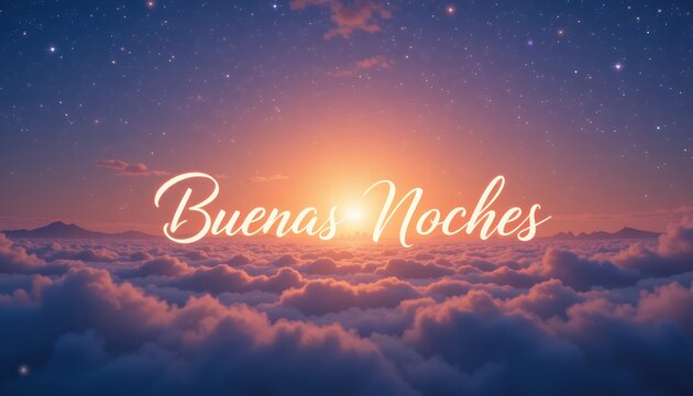 serene twilight sky glowing over peaceful clouds with text buenas noches softly illuminated