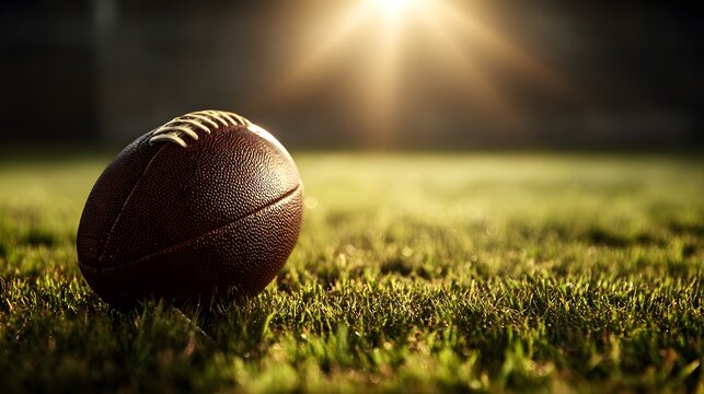 Brown leather spheroid rests on vibrant green grass beneath brilliant sunlight