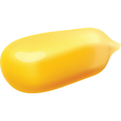 A single bright yellow corn kernel with a glossy sheen and a pointed end on a transparent background showcasing its smooth texture and natural shape