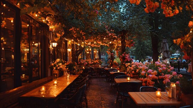 Cozy outdoor dining area adorned with illuminated foliage and numerous floral arrangements at twilight