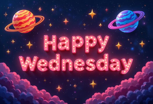 Bright cosmic themed illustration wishing a joyful happy wednesday message with planets and stars