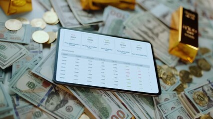 Digital tablet screen displaying a financial spreadsheet with investment data, placed on a background of scattered american dollar bills, gold coins, and shiny gold bars symbolizing wealth - Powered by Adobe