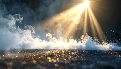Celestial Radiance: A beam of divine light pierces through swirling wisps of vapor, illuminating a textured surface scattered with glittering particles.