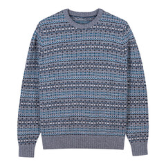Light grey and blue Fair Isle crew neck sweater with detailed knit pattern and ribbed cuffs and hem, isolated on white background. Perfect for winter and festive fashion collections