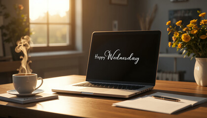 Cozy morning workspace with steaming coffee laptop and fresh flowers by the window on a bright