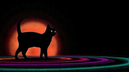 Silhouette of a black cat with glowing eyes stands against a bright orange celestial body backdrop