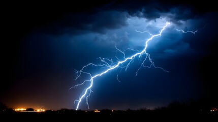 Brilliant electrical discharge illuminates a dark, stormy night sky above a distant horizon.