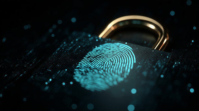 Cybersecurity Digital Padlock with Fingerprint Biometric Authentication Protection Concept
