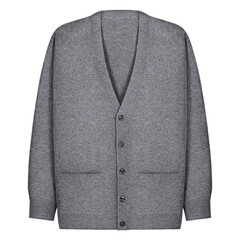 Fototapeta premium Light Grey cashmere V-neck cardigan with buttons and front pockets, isolated on white background. Soft, warm knitwear ideal for fashion catalogs, winter clothing, or online retail use