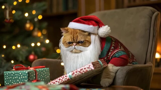 Adorable fluffy cat wearing Santa hat and beard with presents. Funny fluffy cat wearing Santa costume with red hat and white beard sitting near decorated Christmas tree and wrapped gifts, funny pet 