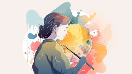 A serene artist immersed in her craft, painting with delicate strokes and vibrant colors, creating a masterpiece of imagination and beauty