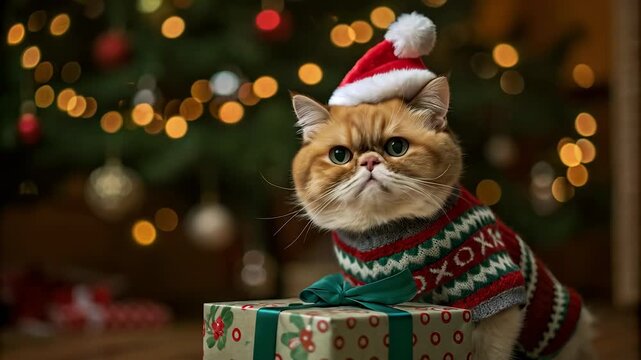 Ginger cat in Christmas sweater and Santa hat by decorated tree looks aside then stares at camera in surprise and turns away with annoyed reaction. Christmas cat expressing dislike. Grumpy cat