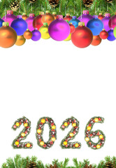 Christmas New Year 2026 Number Made with Evergreen Branches Surrounded by Holiday Pine Frame Decoration on a white background