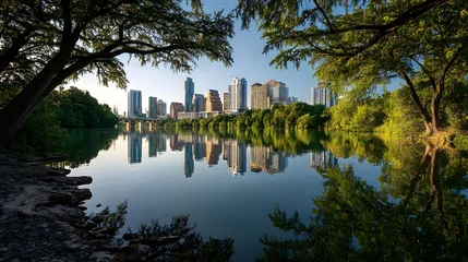 Keuken achterwand Reflectie Illuminated skyline of a modern metropolis reflected perfectly in calm water surrounded by lush foliage.  © Jojo*