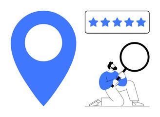 Blue location pin, five-star rating bar, man holding magnifying glass. Ideal for navigation, search, review, feedback, quality business discovery themes. Minimalistic flat metaphor