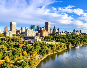 Fototapeta premium Panoramic city skyline view with river and parkland